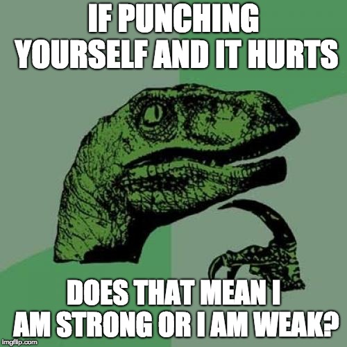 The most difficult question of all time | IF PUNCHING YOURSELF AND IT HURTS; DOES THAT MEAN I AM STRONG OR I AM WEAK? | image tagged in memes,philosoraptor | made w/ Imgflip meme maker