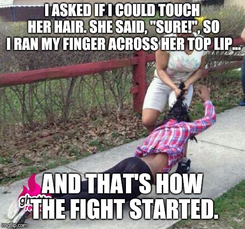 Girl fight | I ASKED IF I COULD TOUCH HER HAIR. SHE SAID, "SURE!", SO I RAN MY FINGER ACROSS HER TOP LIP... AND THAT'S HOW THE FIGHT STARTED. | image tagged in girl fight | made w/ Imgflip meme maker