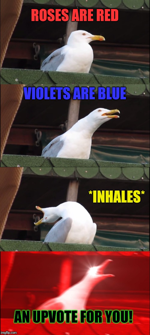 Inhaling Seagull Meme | ROSES ARE RED VIOLETS ARE BLUE *INHALES* AN UPVOTE FOR YOU! | image tagged in memes,inhaling seagull | made w/ Imgflip meme maker