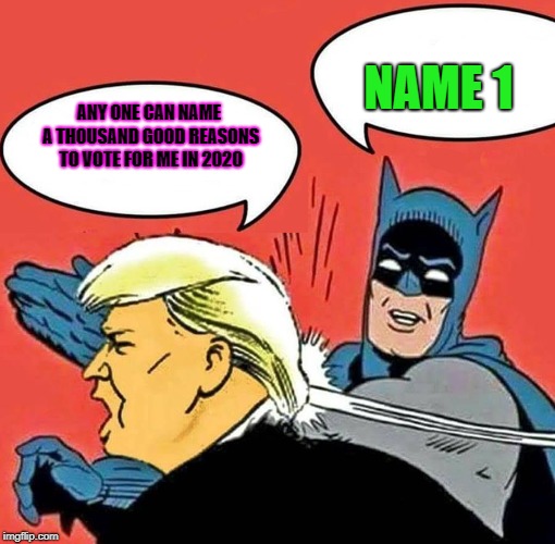 Batman Slapping Trump | NAME 1; ANY ONE CAN NAME A THOUSAND GOOD REASONS TO VOTE FOR ME IN 2020 | image tagged in batman slapping trump | made w/ Imgflip meme maker