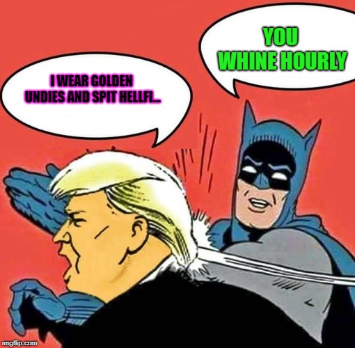 Batman Slapping Trump | YOU WHINE HOURLY; I WEAR GOLDEN UNDIES AND SPIT HELLFI... | image tagged in batman slapping trump | made w/ Imgflip meme maker