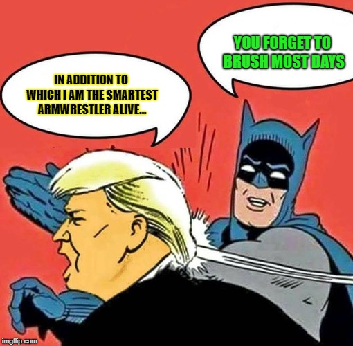 Batman Slapping Trump | YOU FORGET TO BRUSH MOST DAYS; IN ADDITION TO WHICH I AM THE SMARTEST ARMWRESTLER ALIVE... | image tagged in batman slapping trump | made w/ Imgflip meme maker