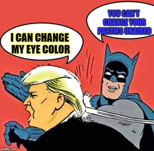 Batman Slapping Trump | YOU CAN'T CHANGE YOUR PANTIES UNAIDED; I CAN CHANGE MY EYE COLOR | image tagged in batman slapping trump | made w/ Imgflip meme maker