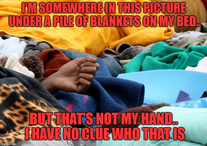 I'M SOMEWHERE IN THIS PICTURE UNDER A PILE OF BLANKETS ON MY BED.. BUT THAT'S NOT MY HAND.. I HAVE NO CLUE WHO THAT IS | made w/ Imgflip meme maker