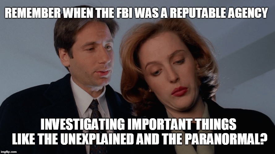 Spooky Mulder Remembers | REMEMBER WHEN THE FBI WAS A REPUTABLE AGENCY; INVESTIGATING IMPORTANT THINGS LIKE THE UNEXPLAINED AND THE PARANORMAL? | image tagged in x-files,fbi,spooky | made w/ Imgflip meme maker