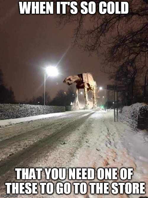 It's so cold.... | WHEN IT'S SO COLD; THAT YOU NEED ONE OF THESE TO GO TO THE STORE | image tagged in cold weather,star wars,funny | made w/ Imgflip meme maker