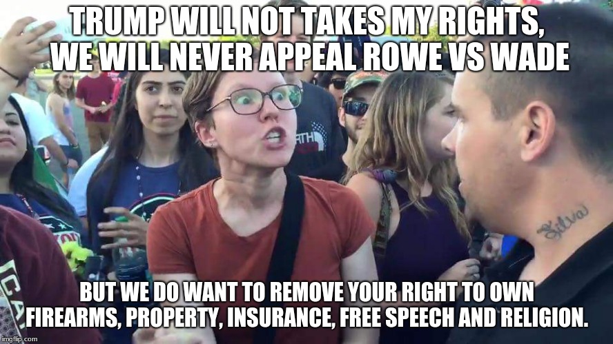 Democrats, what is right for us is right for you. | TRUMP WILL NOT TAKES MY RIGHTS, WE WILL NEVER APPEAL ROWE VS WADE; BUT WE DO WANT TO REMOVE YOUR RIGHT TO OWN FIREARMS, PROPERTY, INSURANCE, FREE SPEECH AND RELIGION. | image tagged in triggered feminazi,get in line,obey,surrender,go along,get in the oven | made w/ Imgflip meme maker