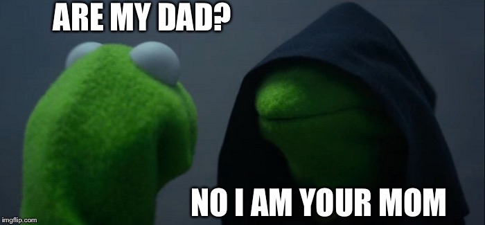 Evil Kermit | ARE MY DAD? NO I AM YOUR MOM | image tagged in memes,evil kermit | made w/ Imgflip meme maker