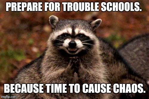 Evil Plotting Raccoon Meme | PREPARE FOR TROUBLE SCHOOLS. BECAUSE TIME TO CAUSE CHAOS. | image tagged in memes,evil plotting raccoon | made w/ Imgflip meme maker