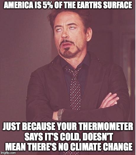 Face You Make Robert Downey Jr Meme | AMERICA IS 5% OF THE EARTHS SURFACE; JUST BECAUSE YOUR THERMOMETER SAYS IT'S COLD, DOESN'T MEAN THERE'S NO CLIMATE CHANGE | image tagged in memes,face you make robert downey jr | made w/ Imgflip meme maker