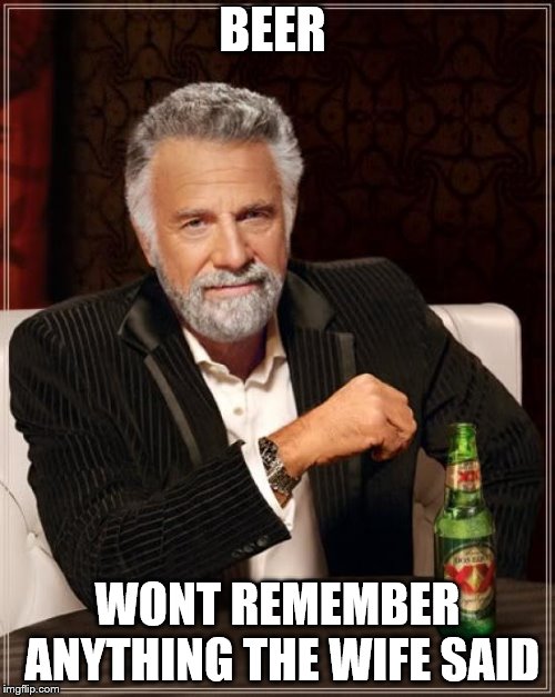 The Most Interesting Man In The World Meme | BEER; WONT REMEMBER ANYTHING THE WIFE SAID | image tagged in memes,the most interesting man in the world | made w/ Imgflip meme maker