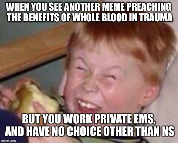 Retarded Apple Kid | WHEN YOU SEE ANOTHER MEME PREACHING THE BENEFITS OF WHOLE BLOOD IN TRAUMA; BUT YOU WORK PRIVATE EMS, AND HAVE NO CHOICE OTHER THAN NS | image tagged in retarded apple kid | made w/ Imgflip meme maker