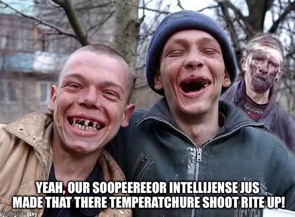Toothless Redneck | YEAH, OUR SOOPEEREEOR INTELLIJENSE JUS MADE THAT THERE TEMPERATCHURE SHOOT RITE UP! | image tagged in toothless redneck | made w/ Imgflip meme maker