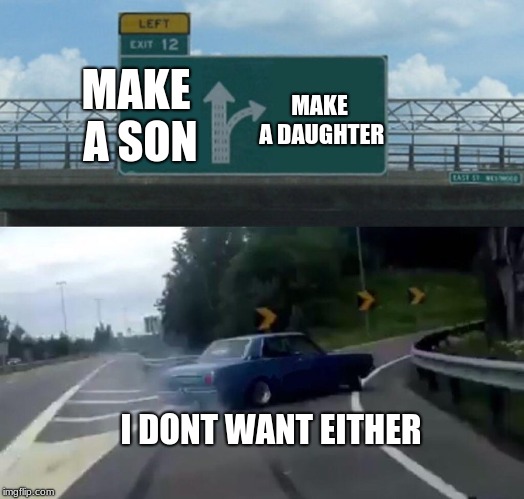 Left Exit 12 Off Ramp Meme | MAKE A DAUGHTER; MAKE A SON; I DONT WANT EITHER | image tagged in memes,left exit 12 off ramp | made w/ Imgflip meme maker