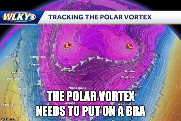 Racking up some low temperatures |  NEEDS TO PUT ON A BRA; THE POLAR VORTEX | image tagged in weather,polar vortex | made w/ Imgflip meme maker