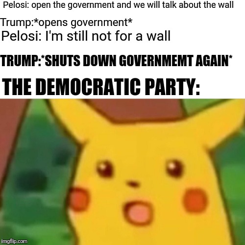Surprised Pikachu Meme | Pelosi: open the government and we will talk about the wall; Trump:*opens government*; Pelosi: I'm still not for a wall; TRUMP:*SHUTS DOWN GOVERNMEMT AGAIN*; THE DEMOCRATIC PARTY: | image tagged in memes,surprised pikachu | made w/ Imgflip meme maker