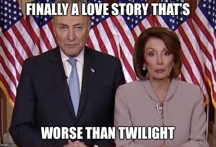 I’d rather sit through a Twilight marathon. | FINALLY A LOVE STORY THAT’S; WORSE THAN TWILIGHT | image tagged in chuck  nancy,still a better love story than twilight,stupid liberals,crazy,corruption | made w/ Imgflip meme maker