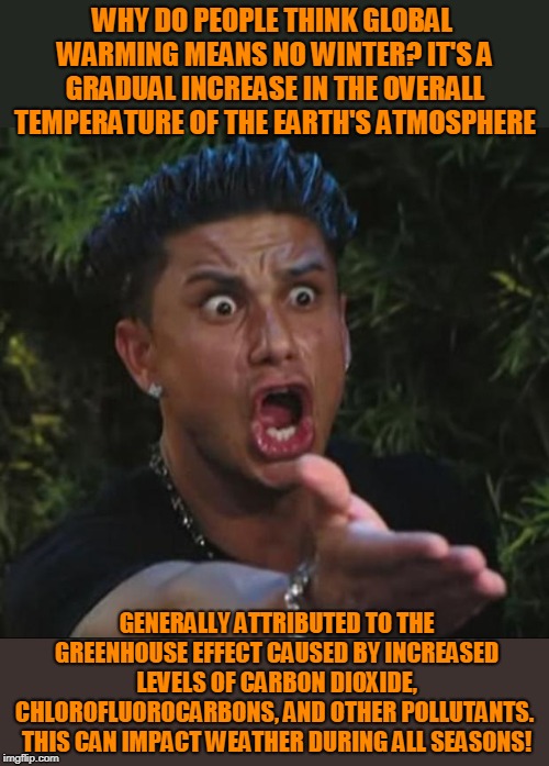 DJ Pauly D Meme | WHY DO PEOPLE THINK GLOBAL WARMING MEANS NO WINTER? IT'S A GRADUAL INCREASE IN THE OVERALL TEMPERATURE OF THE EARTH'S ATMOSPHERE; GENERALLY ATTRIBUTED TO THE GREENHOUSE EFFECT CAUSED BY INCREASED LEVELS OF CARBON DIOXIDE, CHLOROFLUOROCARBONS, AND OTHER POLLUTANTS.  THIS CAN IMPACT WEATHER DURING ALL SEASONS! | image tagged in memes,dj pauly d | made w/ Imgflip meme maker