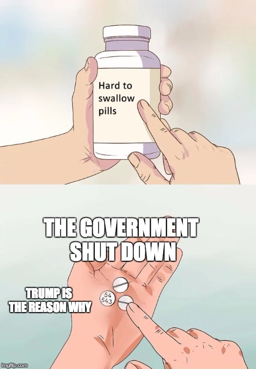 Hard To Swallow Pills Meme | THE GOVERNMENT SHUT DOWN; TRUMP IS THE REASON WHY | image tagged in memes,hard to swallow pills | made w/ Imgflip meme maker