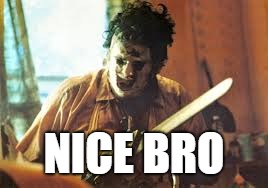 texas chainsaw | NICE BRO | image tagged in texas chainsaw | made w/ Imgflip meme maker