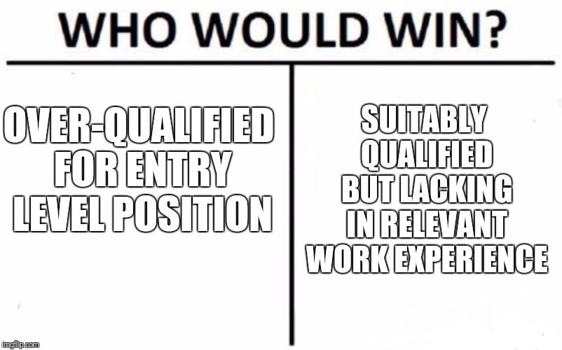 Post-grad looking for work | SUITABLY QUALIFIED BUT LACKING IN RELEVANT WORK EXPERIENCE; OVER-QUALIFIED FOR ENTRY LEVEL POSITION | image tagged in memes,who would win,degree,jobs,career | made w/ Imgflip meme maker