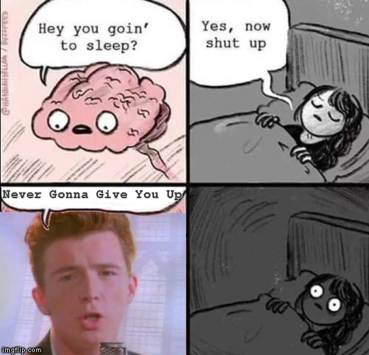 SleepRolled | Never Gonna Give You Up | image tagged in waking up brain,rickroll,rick astley,never gonna give you up,bird weekend,memes | made w/ Imgflip meme maker