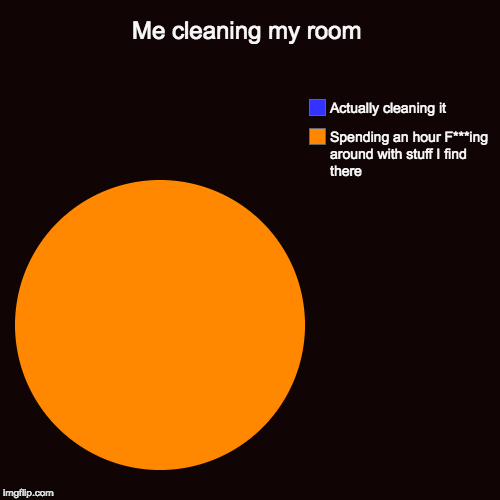 Me cleaning my room | Spending an hour F***ing around with stuff I find there, Actually cleaning it | image tagged in funny,pie charts | made w/ Imgflip chart maker