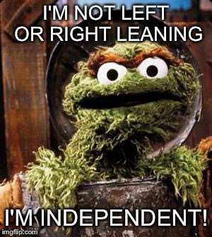 Oscar the Grouch | I'M NOT LEFT OR RIGHT LEANING I'M INDEPENDENT! | image tagged in oscar the grouch | made w/ Imgflip meme maker