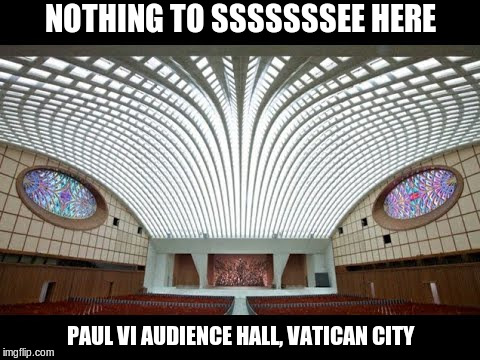 The Hall of Pontifical Audiences | NOTHING TO SSSSSSSEE HERE; PAUL VI AUDIENCE HALL, VATICAN CITY | image tagged in pope,vatican,audience hall,political meme,religious,snake | made w/ Imgflip meme maker