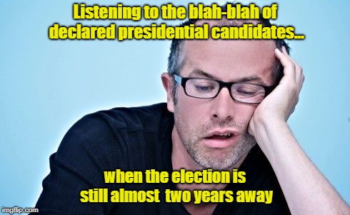 There May Be More Pressing Issues At The Moment, Ya Think? | Listening to the blah-blah of declared presidential candidates... when the election is still almost  two years away | image tagged in bored guy,2020 election,memes | made w/ Imgflip meme maker