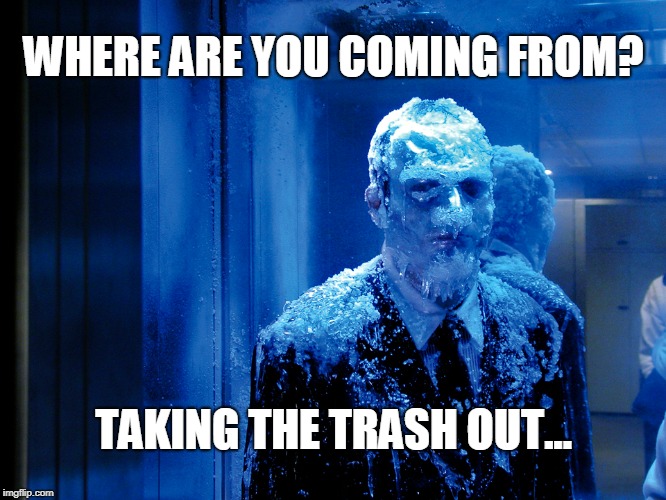 Taking the trash out | WHERE ARE YOU COMING FROM? TAKING THE TRASH OUT... | image tagged in cold weather | made w/ Imgflip meme maker