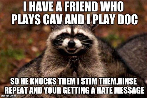 Evil Plotting Raccoon | I HAVE A FRIEND WHO PLAYS CAV AND I PLAY DOC; SO HE KNOCKS THEM I STIM THEM,RINSE REPEAT AND YOUR GETTING A HATE MESSAGE | image tagged in memes,evil plotting raccoon | made w/ Imgflip meme maker