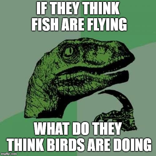 Philosoraptor Meme | IF THEY THINK FISH ARE FLYING WHAT DO THEY THINK BIRDS ARE DOING | image tagged in memes,philosoraptor | made w/ Imgflip meme maker