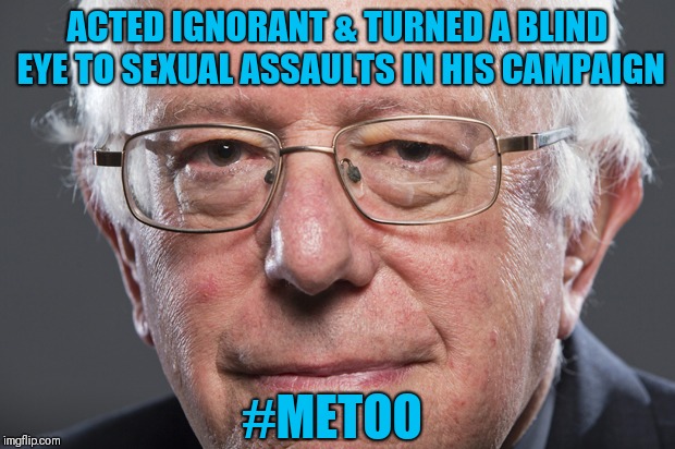 Bernie Sanders  | ACTED IGNORANT & TURNED A BLIND EYE TO SEXUAL ASSAULTS IN HIS CAMPAIGN; #METOO | image tagged in bernie sanders | made w/ Imgflip meme maker