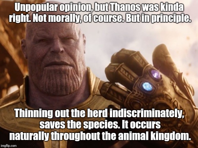 It Must Be Indiscriminate Or You Wind Up With Ethnic Cleansing | Unpopular opinion, but Thanos was kinda right. Not morally, of course. But in principle. Thinning out the herd indiscriminately, saves the species. It occurs naturally throughout the animal kingdom. | image tagged in thanos smile,thanos,unpopular opinion,natural selection,darwin,survival | made w/ Imgflip meme maker
