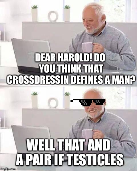Hide the Pain Harold | DEAR HAROLD! DO YOU THINK THAT CROSSDRESSIN DEFINES A MAN? WELL THAT AND A PAIR IF TESTICLES | image tagged in memes,hide the pain harold | made w/ Imgflip meme maker