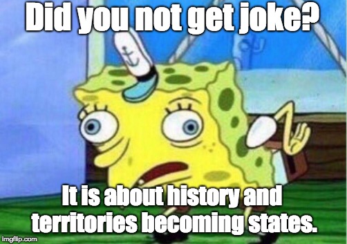 Mocking Spongebob Meme | Did you not get joke? It is about history and territories becoming states. | image tagged in memes,mocking spongebob | made w/ Imgflip meme maker