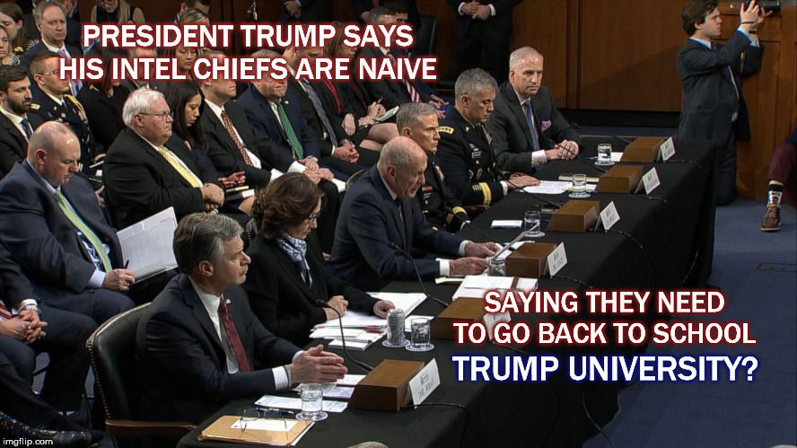 National Security



 | PRESIDENT TRUMP SAYS HIS INTEL CHIEFS ARE NAIVE; SAYING THEY NEED TO GO BACK TO SCHOOL; TRUMP UNIVERSITY? | image tagged in nationalsecurity,mega,trump,trumpuniversity,usa | made w/ Imgflip meme maker