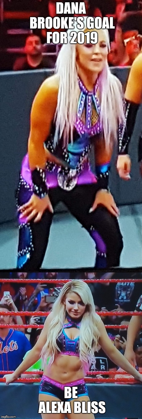 Cosplaying the Popular girl at the party | DANA BROOKE'S GOAL FOR 2019; BE ALEXA BLISS | image tagged in wwe,clothing,same,bliss | made w/ Imgflip meme maker