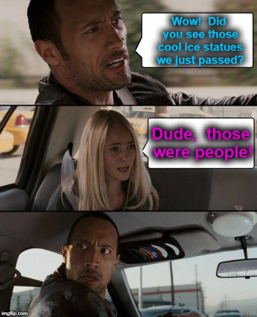 Yes, folks,  it's that cold outside! |  Wow!  Did you see those cool ice statues we just passed? Dude,  those were people! | image tagged in memes,the rock driving | made w/ Imgflip meme maker