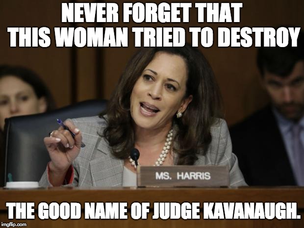 Kamala Harris | NEVER FORGET THAT THIS WOMAN TRIED TO DESTROY; THE GOOD NAME OF JUDGE KAVANAUGH. | image tagged in kamala harris | made w/ Imgflip meme maker