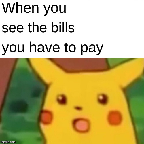 Surprised Pikachu | When you; see the bills; you have to pay | image tagged in memes,surprised pikachu | made w/ Imgflip meme maker