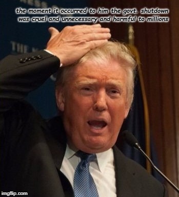 Trump confused | the moment it occurred to him the govt. shutdown was cruel and unnecessary and harmful to millions | image tagged in trump confused | made w/ Imgflip meme maker