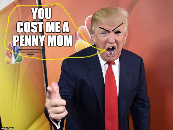 Trump Yelling | YOU COST ME A PENNY MOM | image tagged in trump yelling | made w/ Imgflip meme maker
