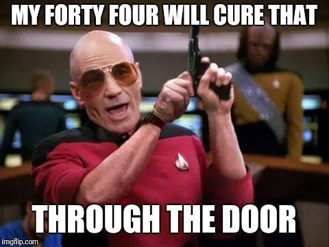 Picard Pistol, Memes, Star Trek | MY FORTY FOUR WILL CURE THAT THROUGH THE DOOR | image tagged in picard pistol memes star trek | made w/ Imgflip meme maker