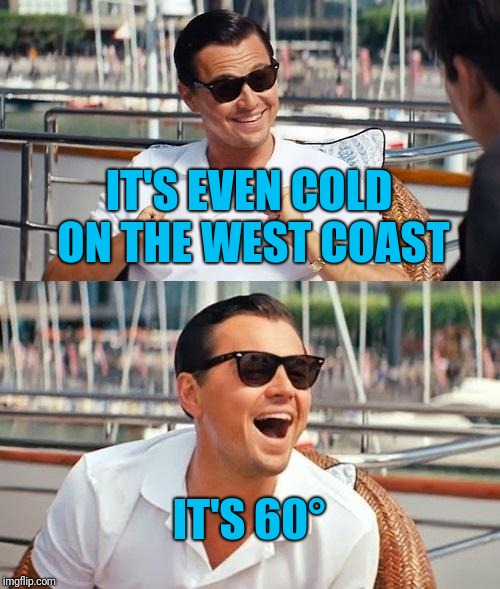 Leonardo Dicaprio Wolf Of Wall Street Meme | IT'S EVEN COLD ON THE WEST COAST IT'S 60° | image tagged in memes,leonardo dicaprio wolf of wall street | made w/ Imgflip meme maker