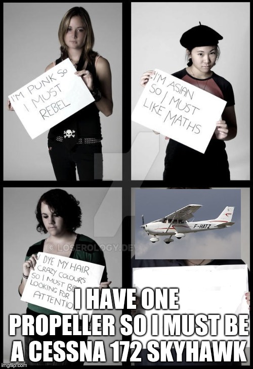 Stereotype Me |  I HAVE ONE PROPELLER SO I MUST BE A CESSNA 172 SKYHAWK | image tagged in stereotype me | made w/ Imgflip meme maker