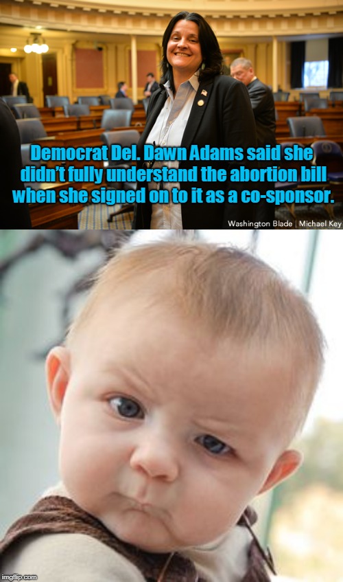 That's Because You Must Pass It to ‘Find Out What Is in It’ | Democrat Del. Dawn Adams said she didn’t fully understand the abortion bill when she signed on to it as a co-sponsor. | image tagged in memes,skeptical baby,democrats,abortion | made w/ Imgflip meme maker
