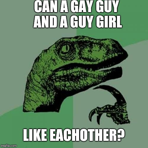 Philosoraptor | CAN A GAY GUY AND A GUY GIRL; LIKE EACHOTHER? | image tagged in memes,philosoraptor | made w/ Imgflip meme maker