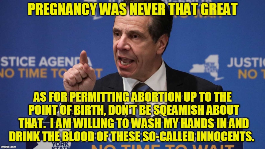Just Ask His Mother  | PREGNANCY WAS NEVER THAT GREAT; AS FOR PERMITTING ABORTION UP TO THE POINT OF BIRTH, DON'T BE SQEAMISH ABOUT THAT.  I AM WILLING TO WASH MY HANDS IN AND DRINK THE BLOOD OF THESE SO-CALLED INNOCENTS. | image tagged in andrew cuomo,abortion | made w/ Imgflip meme maker